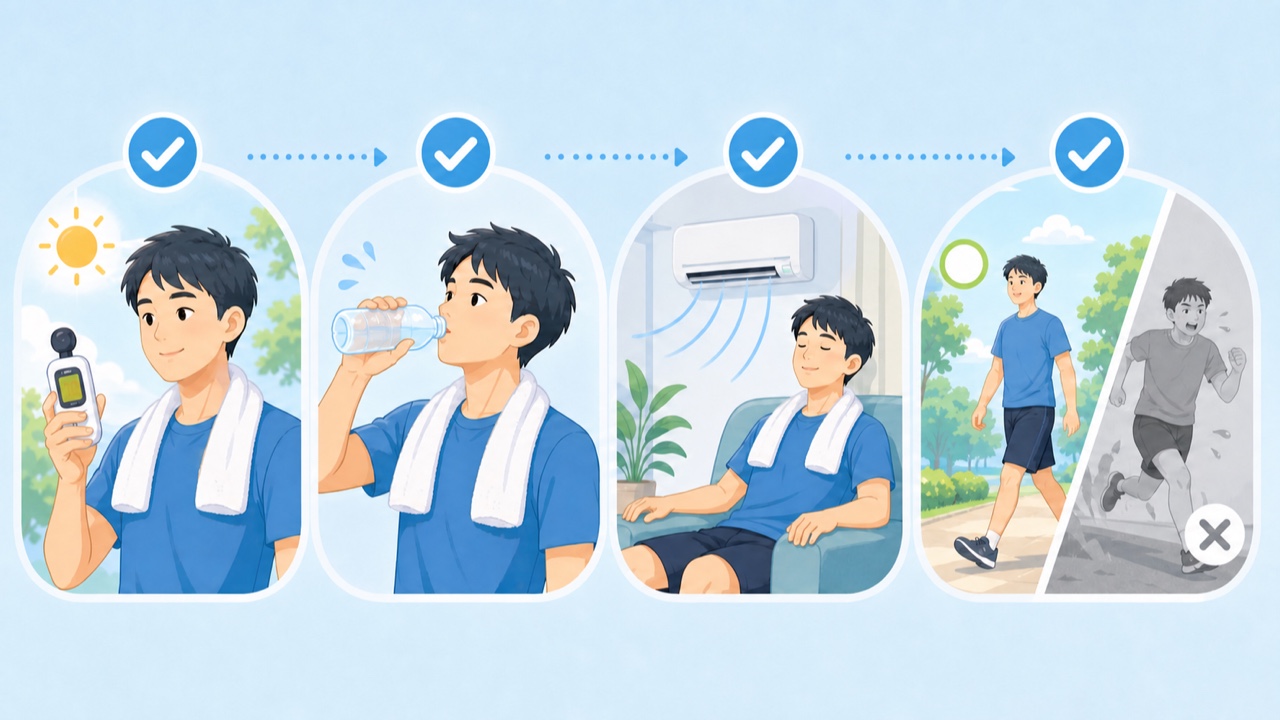 夏の運動前に暑さ指数、水分、休憩、涼しい環境を確認するイラスト