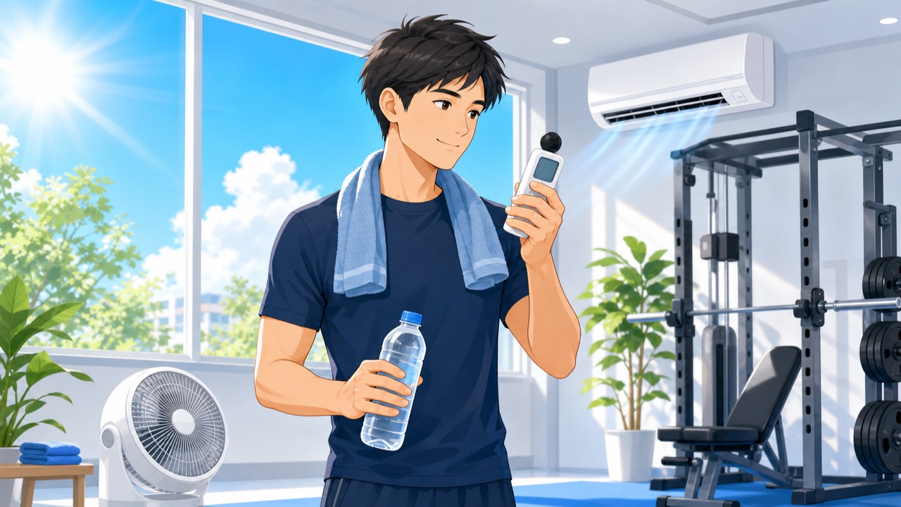 夏の運動前に暑さ指数と水分を確認するトレーナーのイラスト