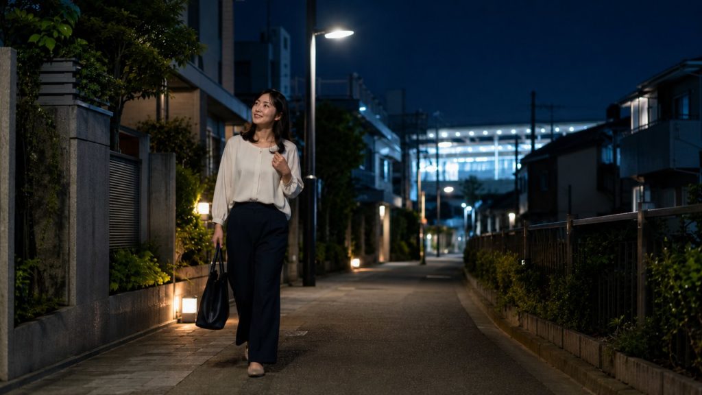 夜道を歩いて帰る女性