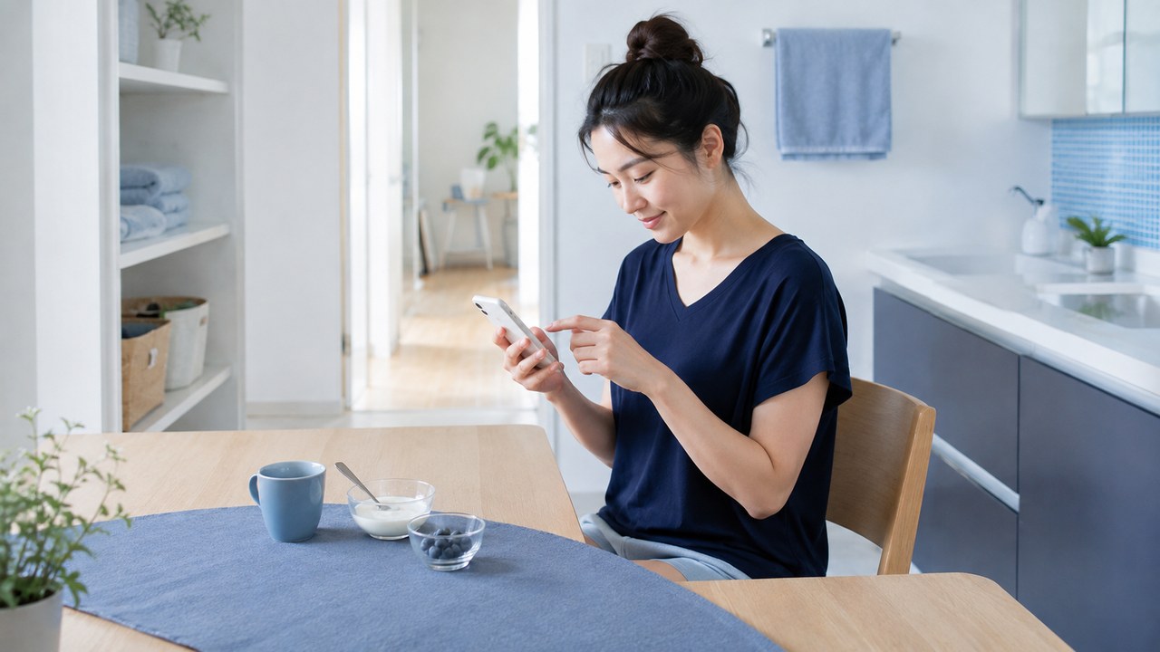 朝のダイニングテーブルで、スマートフォンにその日の体重を記録している女性