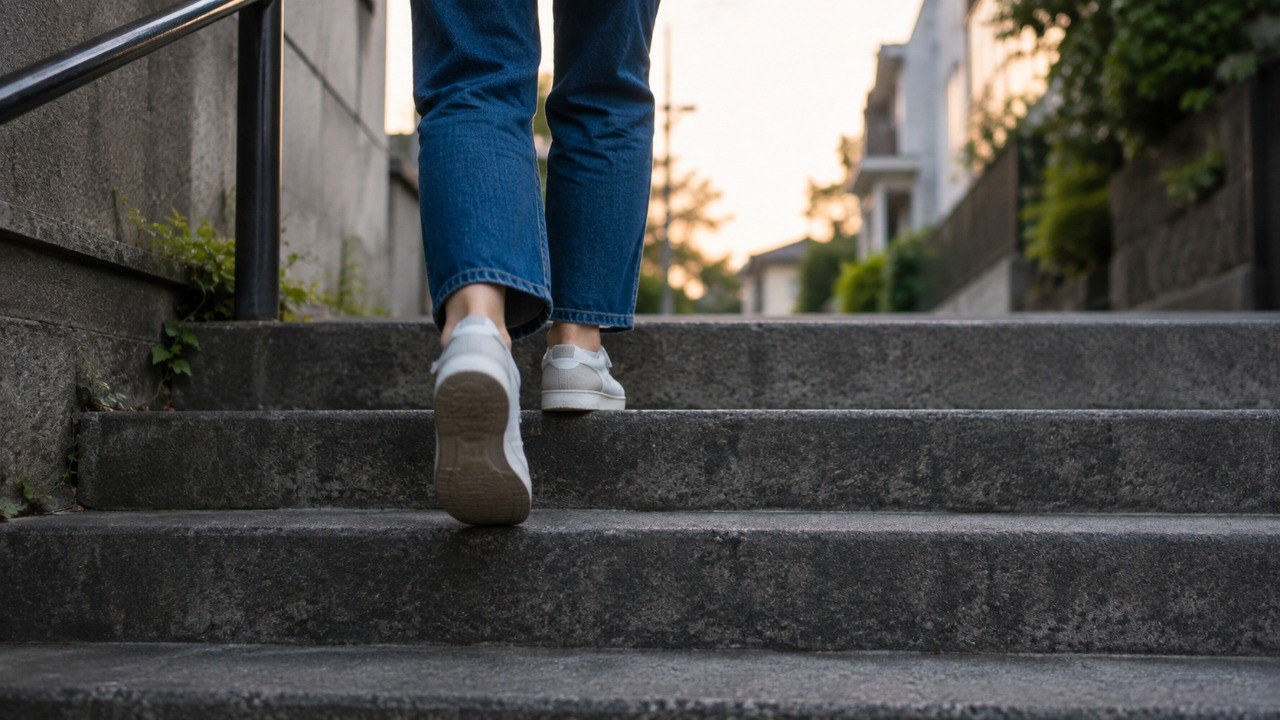 夕方の住宅街の階段を、日常の服装で上っている人の足元