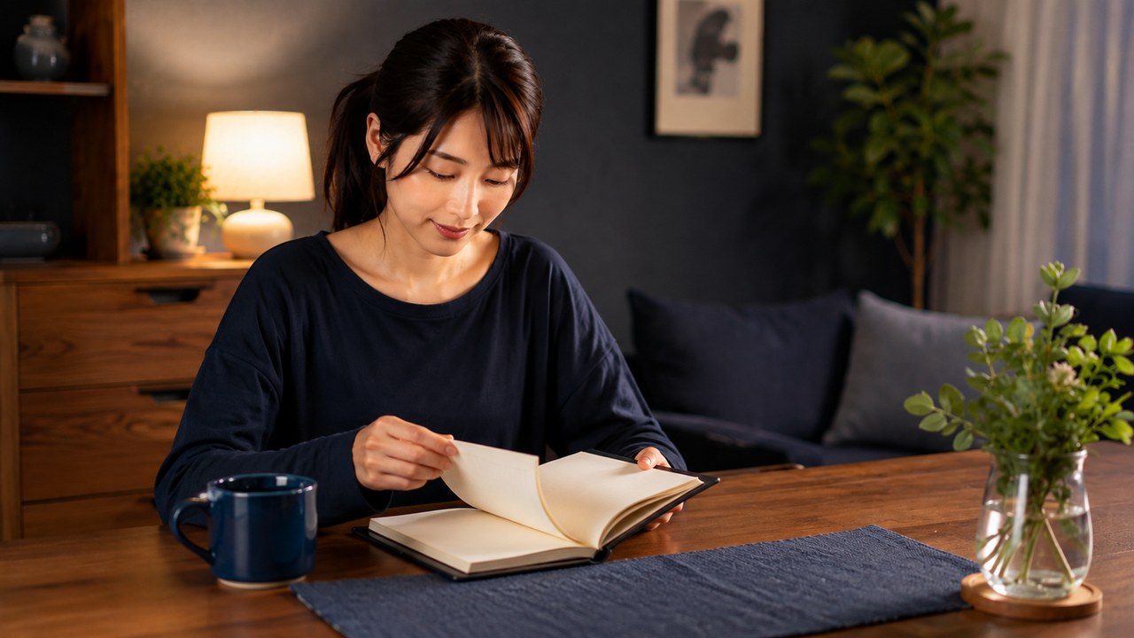日曜の夜にリビングで手帳を開き、一週間分の食事の記録をまとめて見返している女性
