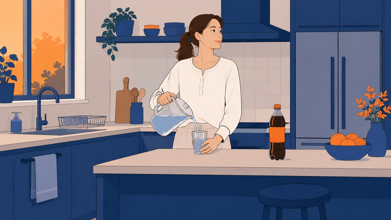朝のキッチンで、水差しからグラスに水を注いでいる女性。カウンターには甘い炭酸飲料のペットボトルが置かれている