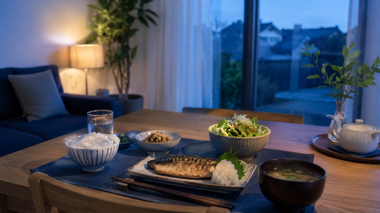 夕方の早い時間に用意された、焼き魚と味噌汁の軽めの夕食