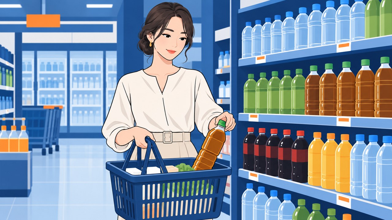 スーパーの飲み物売り場で無糖のお茶を買い物かごに入れる女性のイラスト