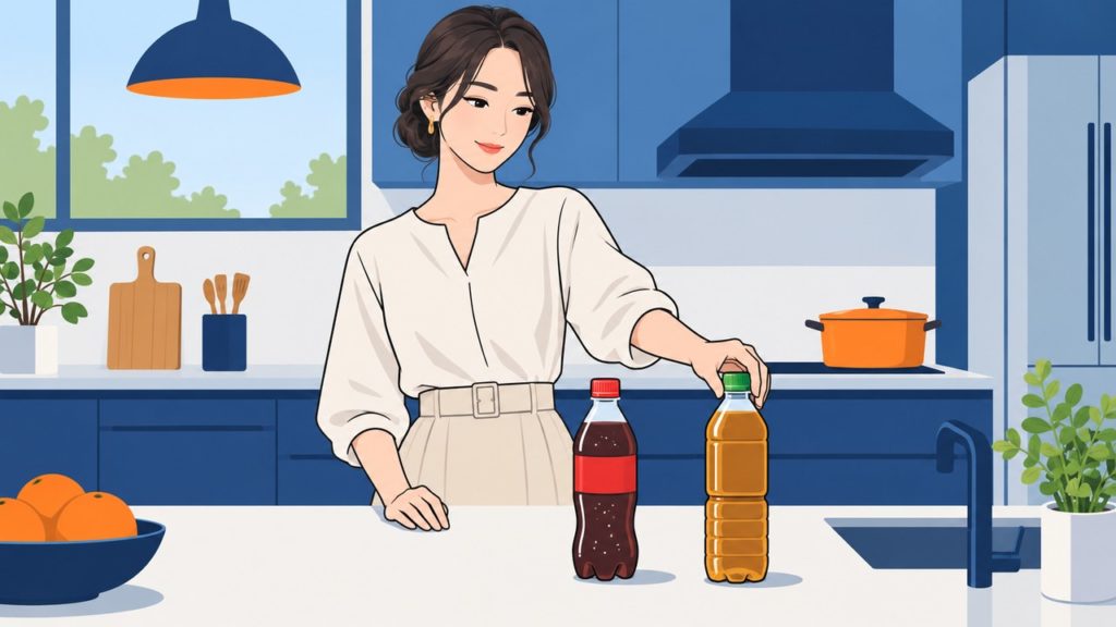 キッチンで甘い炭酸飲料ではなく無糖のお茶のボトルに手を伸ばす女性のイラスト