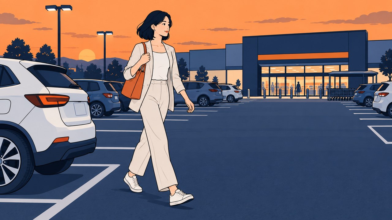夕方のスーパーの駐車場で、遠くにとめた車から入口へ歩く女性のイラスト