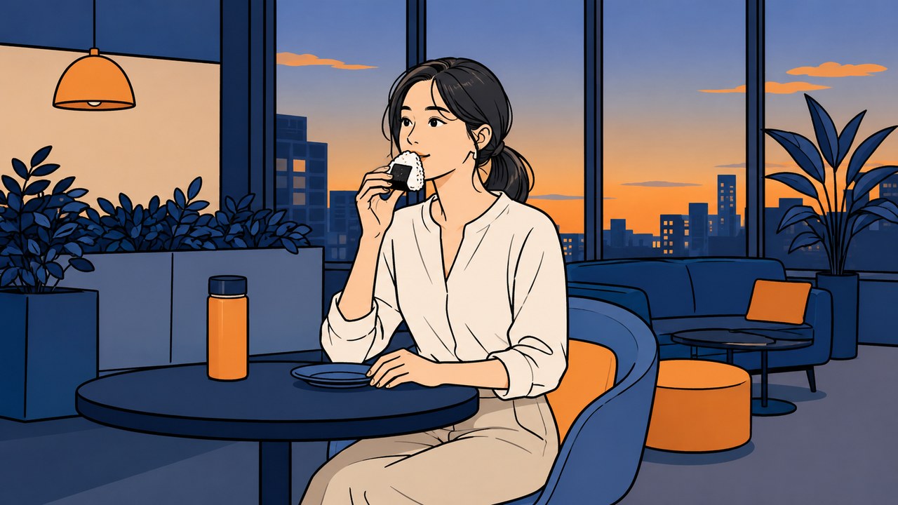夕方のオフィスの休憩スペースで、おにぎりを1つ食べて軽く小腹を満たしている女性のイラスト