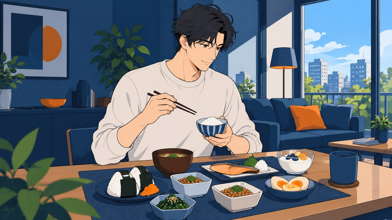 朝の食卓に卵・ヨーグルト・納豆などのたんぱく質のおかずが並んでいるイラスト