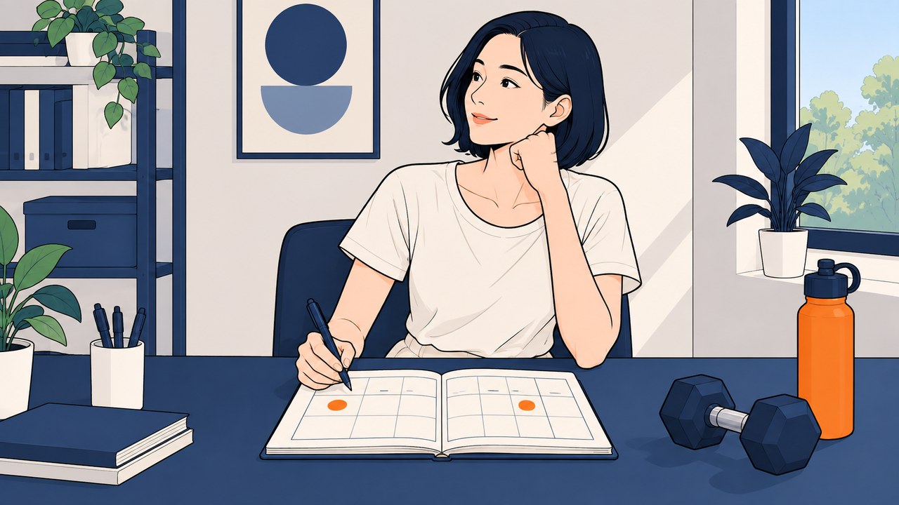手帳に筋トレの日と休む日を計画する女性