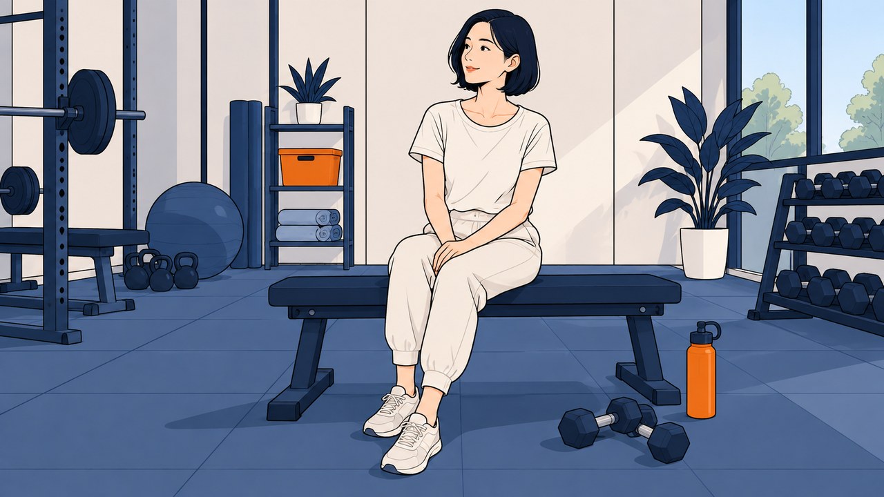 ジムのベンチで休息を取る明るい服の女性