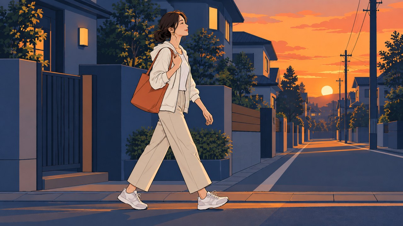 夕方の住宅街をゆっくり歩く女性のイラスト