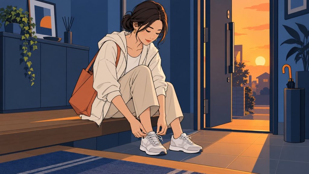 夕方の玄関でスニーカーのひもを結ぶ女性のイラスト
