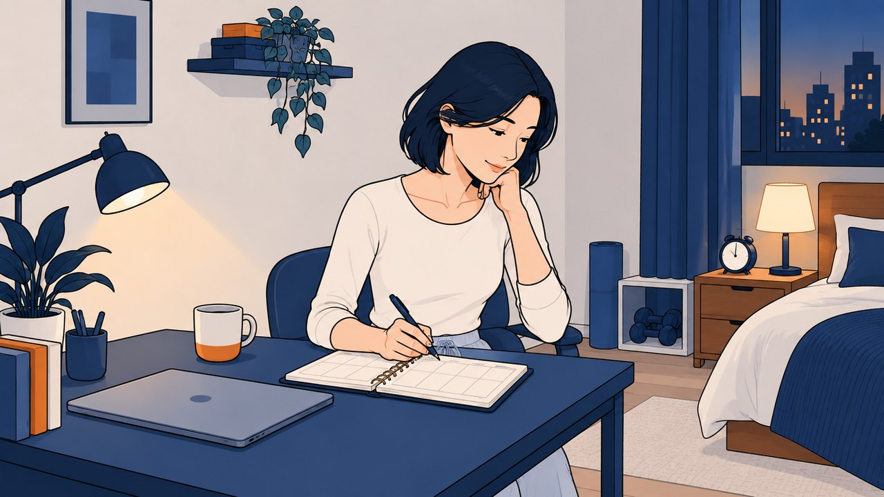 就寝前に、女性が翌朝起きる時刻を手帳に書いている