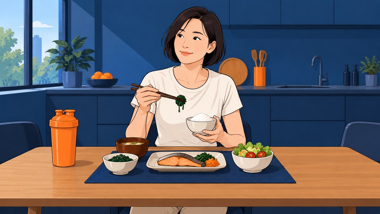 筋トレ後に魚・ご飯・野菜の食事をとる女性のイラスト