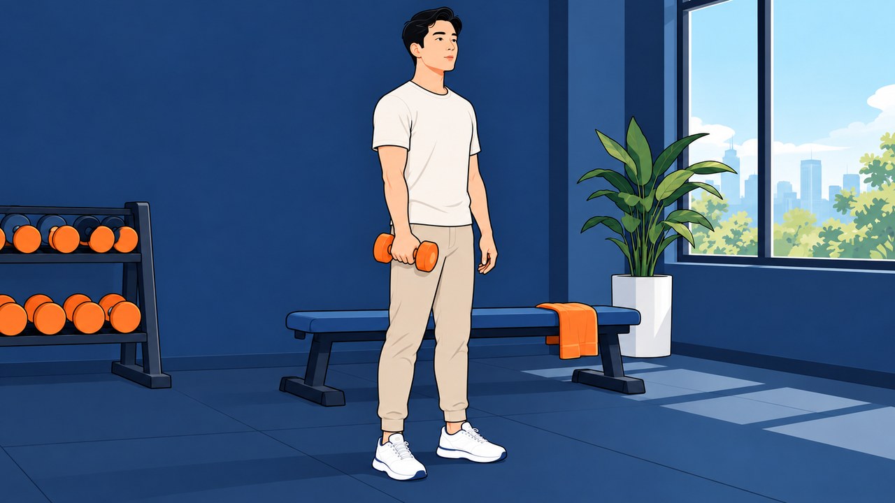 軽いダンベルをゆっくり戻しながら呼吸を確かめる男性