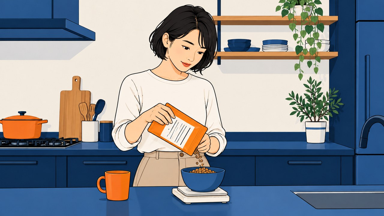 食品を器に取り分け、食べる量を確かめる女性のイラスト
