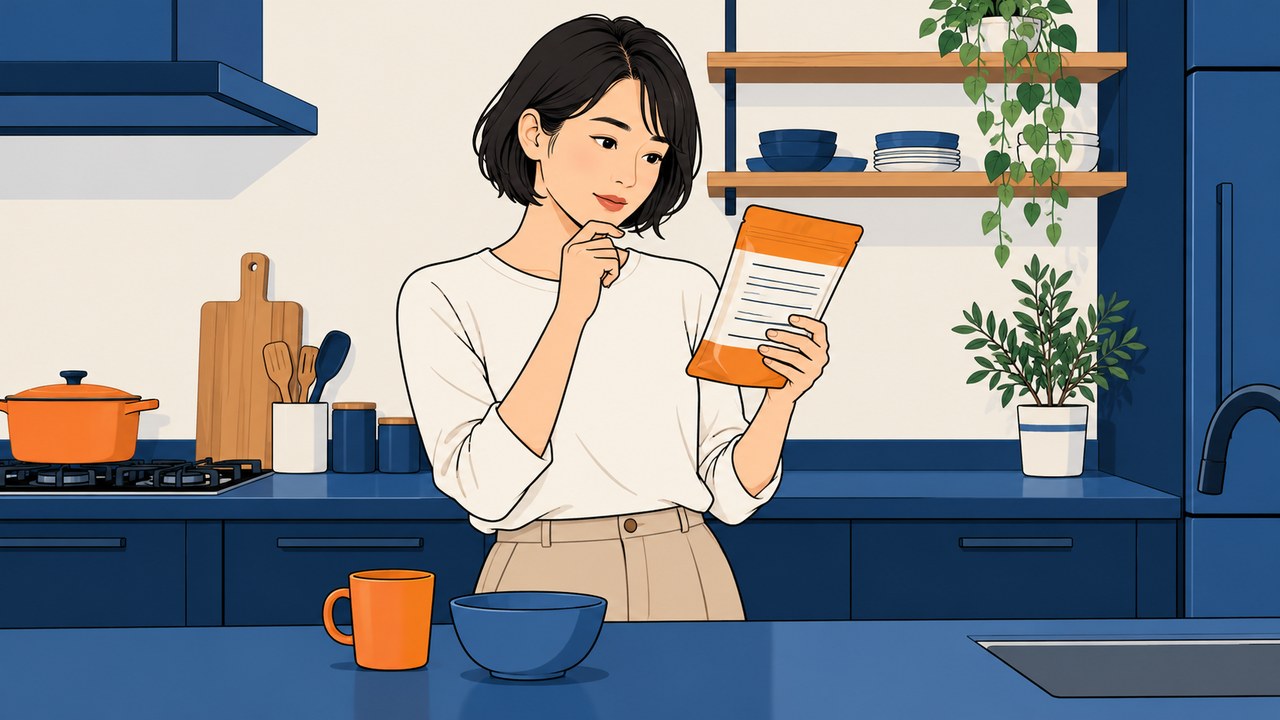 食品パッケージの表示を確かめる女性のイラスト